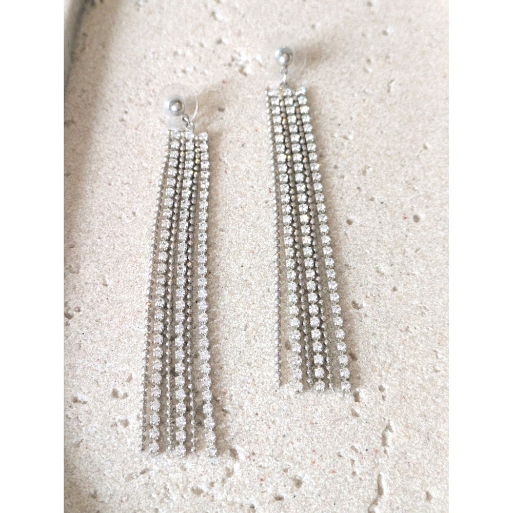 Long Rhinestone Tassel Dangle Earrings Silver Tone Rectangular Drop Romantic